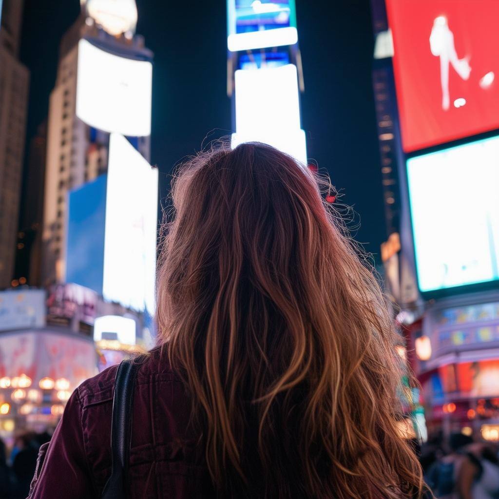 young woman looking up with back facing camera in New Yorks Times Square